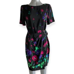 Liz Claiborne Women’s Vintage black floral silk short sleeves dress Size 10